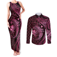 Aloha Hawaii Hammerhead Shark Couples Matching Tank Maxi Dress and Long Sleeve Button Shirt Pink Kakau and Polynesian Tattoo LT03 Pink - Polynesian Pride