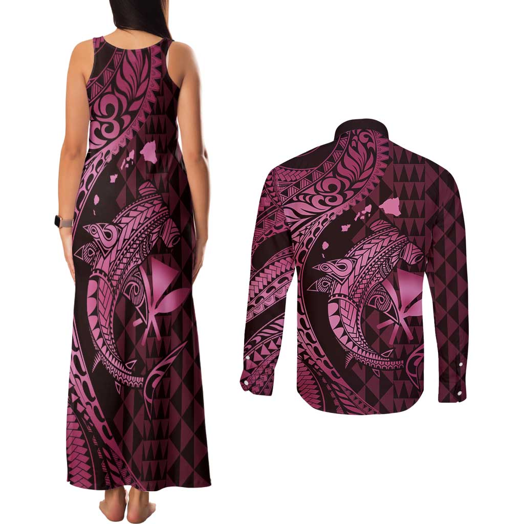 Aloha Hawaii Hammerhead Shark Couples Matching Tank Maxi Dress and Long Sleeve Button Shirt Pink Kakau and Polynesian Tattoo LT03 - Polynesian Pride