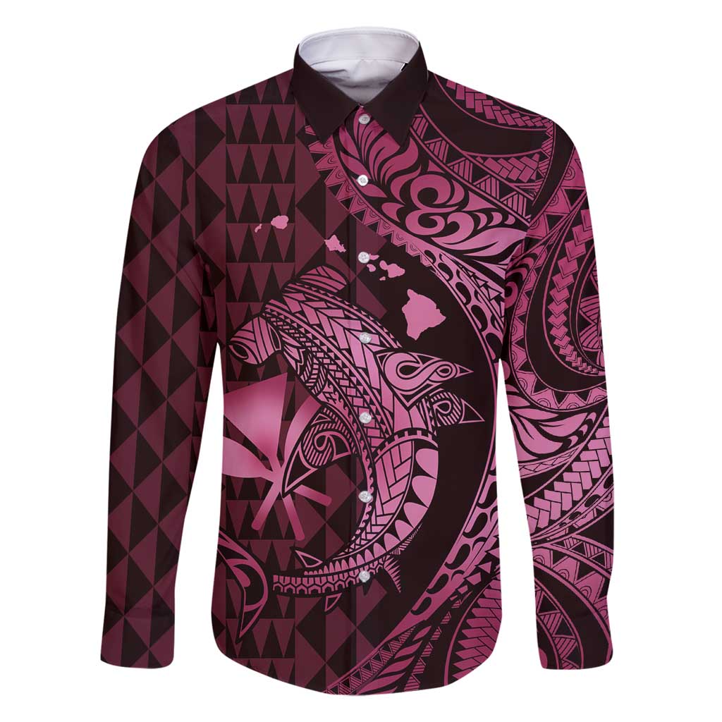 Aloha Hawaii Hammerhead Shark Family Matching Long Sleeve Bodycon Dress and Hawaiian Shirt Pink Kakau and Polynesian Tattoo LT03 Dad's Shirt - Long Sleeve Pink - Polynesian Pride