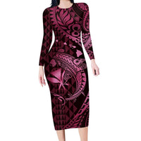 Aloha Hawaii Hammerhead Shark Family Matching Long Sleeve Bodycon Dress and Hawaiian Shirt Pink Kakau and Polynesian Tattoo LT03 Mom's Dress Pink - Polynesian Pride