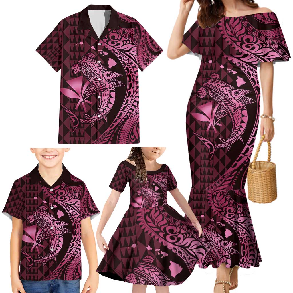 Aloha Hawaii Hammerhead Shark Family Matching Mermaid Dress and Hawaiian Shirt Pink Kakau and Polynesian Tattoo LT03 - Polynesian Pride