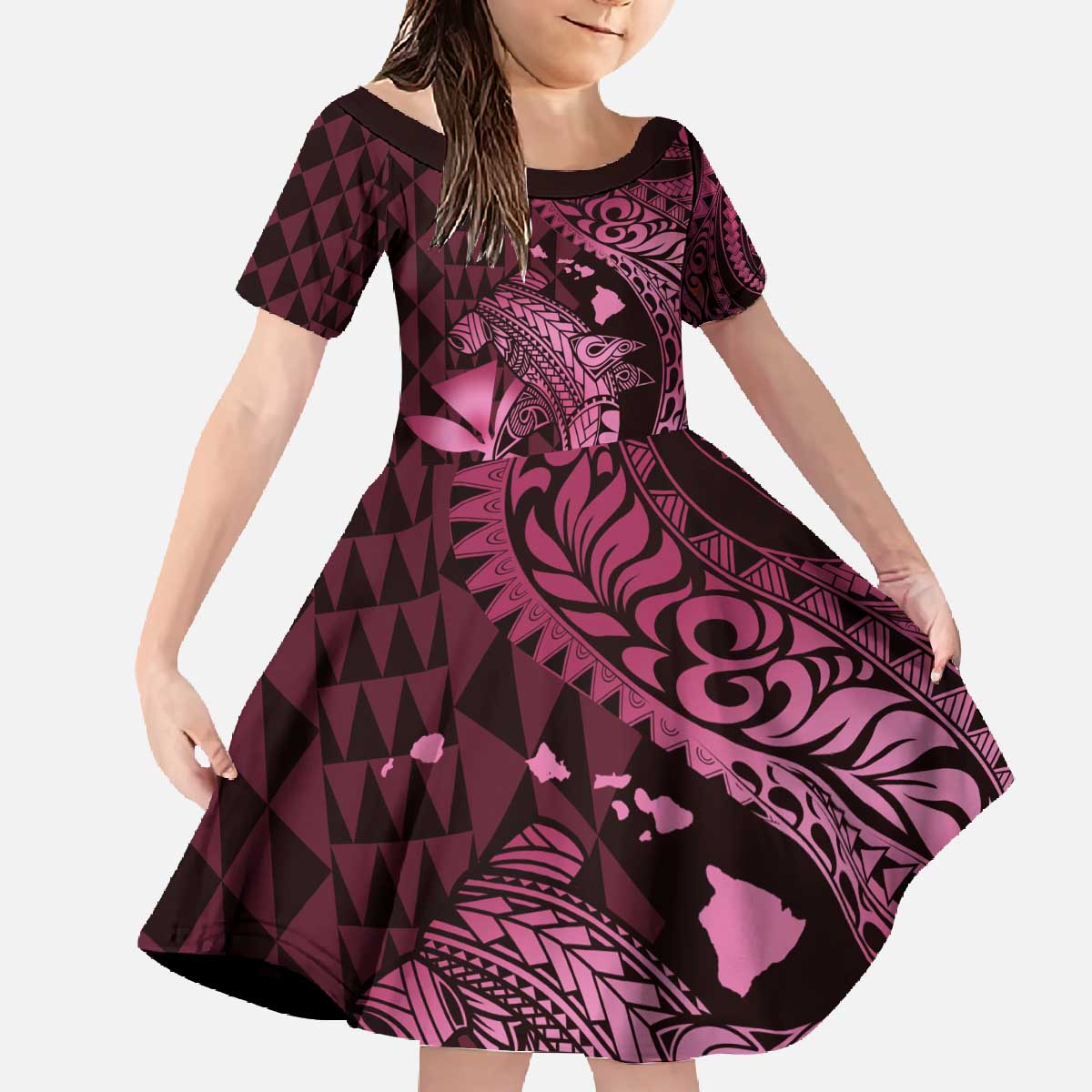 Aloha Hawaii Hammerhead Shark Family Matching Off The Shoulder Long Sleeve Dress and Hawaiian Shirt Pink Kakau and Polynesian Tattoo LT03 Daughter's Dress Pink - Polynesian Pride