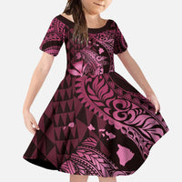 Aloha Hawaii Hammerhead Shark Family Matching Off Shoulder Maxi Dress and Hawaiian Shirt Pink Kakau and Polynesian Tattoo LT03 Daughter's Dress Pink - Polynesian Pride