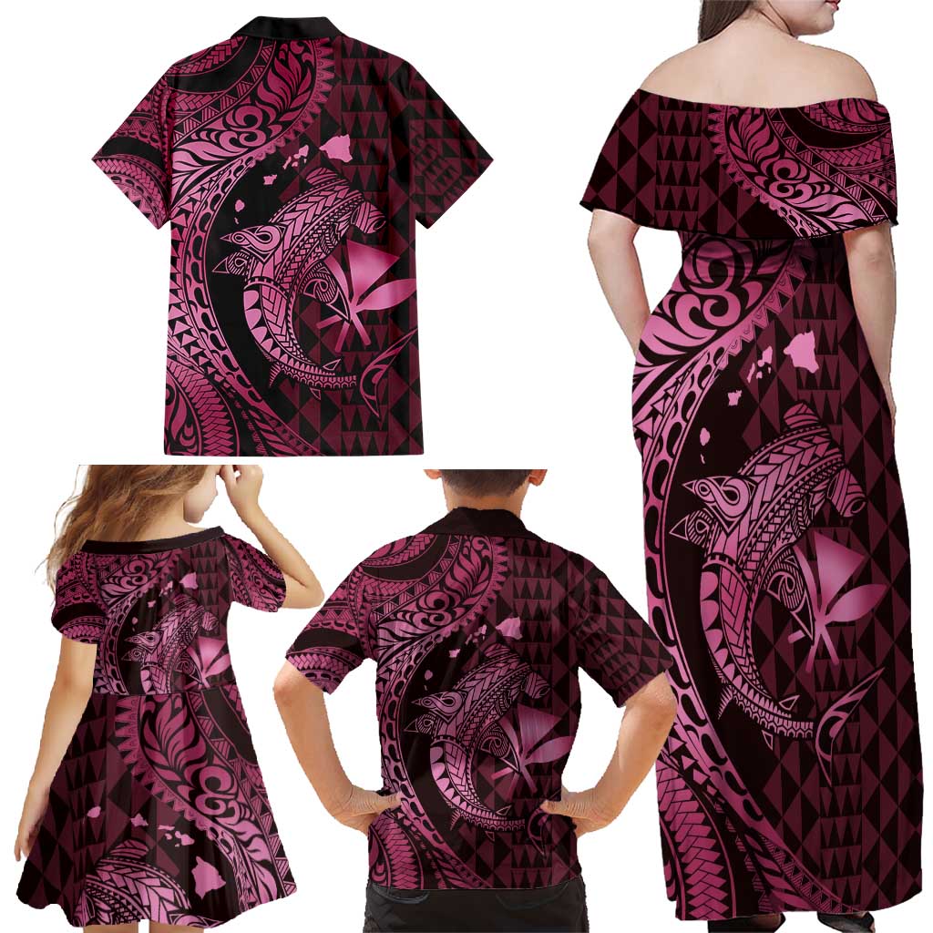 Aloha Hawaii Hammerhead Shark Family Matching Off Shoulder Maxi Dress and Hawaiian Shirt Pink Kakau and Polynesian Tattoo LT03 - Polynesian Pride