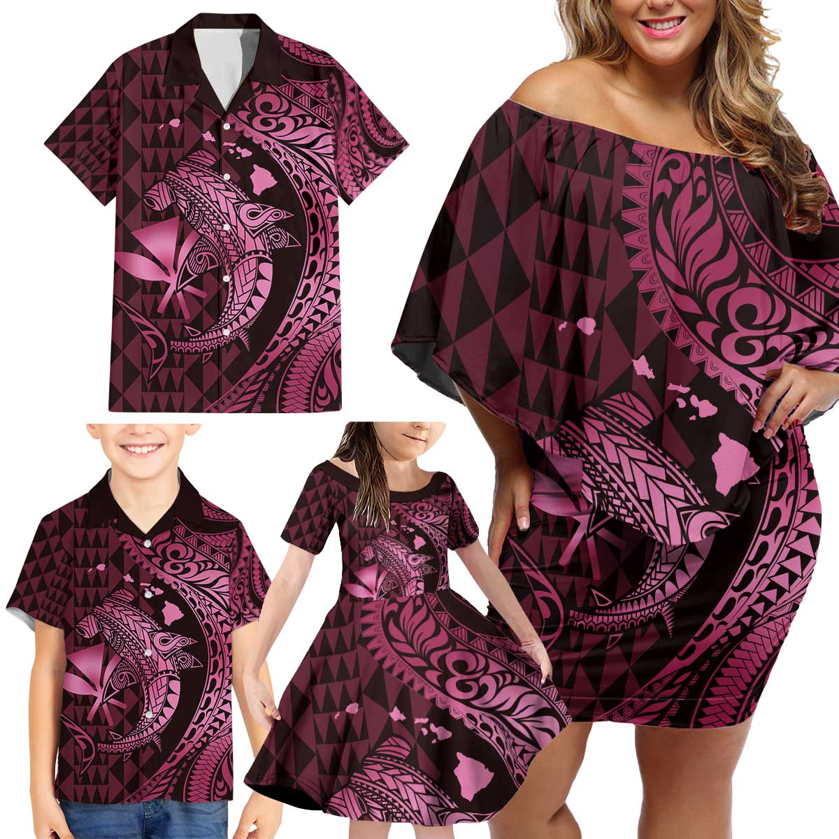 Aloha Hawaii Hammerhead Shark Family Matching Off Shoulder Short Dress and Hawaiian Shirt Pink Kakau and Polynesian Tattoo LT03 - Polynesian Pride