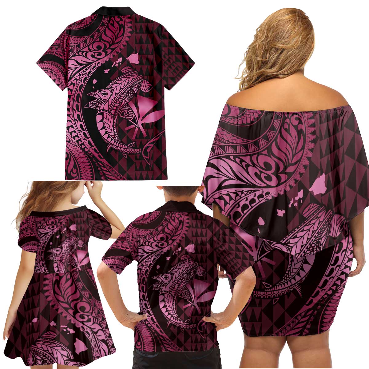 Aloha Hawaii Hammerhead Shark Family Matching Off Shoulder Short Dress and Hawaiian Shirt Pink Kakau and Polynesian Tattoo LT03 - Polynesian Pride