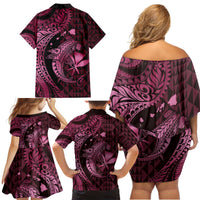 Aloha Hawaii Hammerhead Shark Family Matching Off Shoulder Short Dress and Hawaiian Shirt Pink Kakau and Polynesian Tattoo LT03 - Polynesian Pride