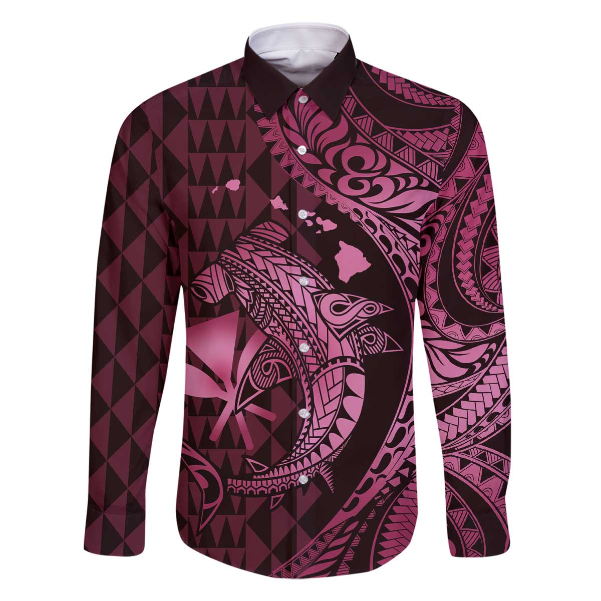 Aloha Hawaii Hammerhead Shark Family Matching Off Shoulder Short Dress and Hawaiian Shirt Pink Kakau and Polynesian Tattoo LT03 Dad's Shirt - Long Sleeve Pink - Polynesian Pride