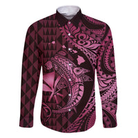 Aloha Hawaii Hammerhead Shark Family Matching Off Shoulder Short Dress and Hawaiian Shirt Pink Kakau and Polynesian Tattoo LT03 Dad's Shirt - Long Sleeve Pink - Polynesian Pride