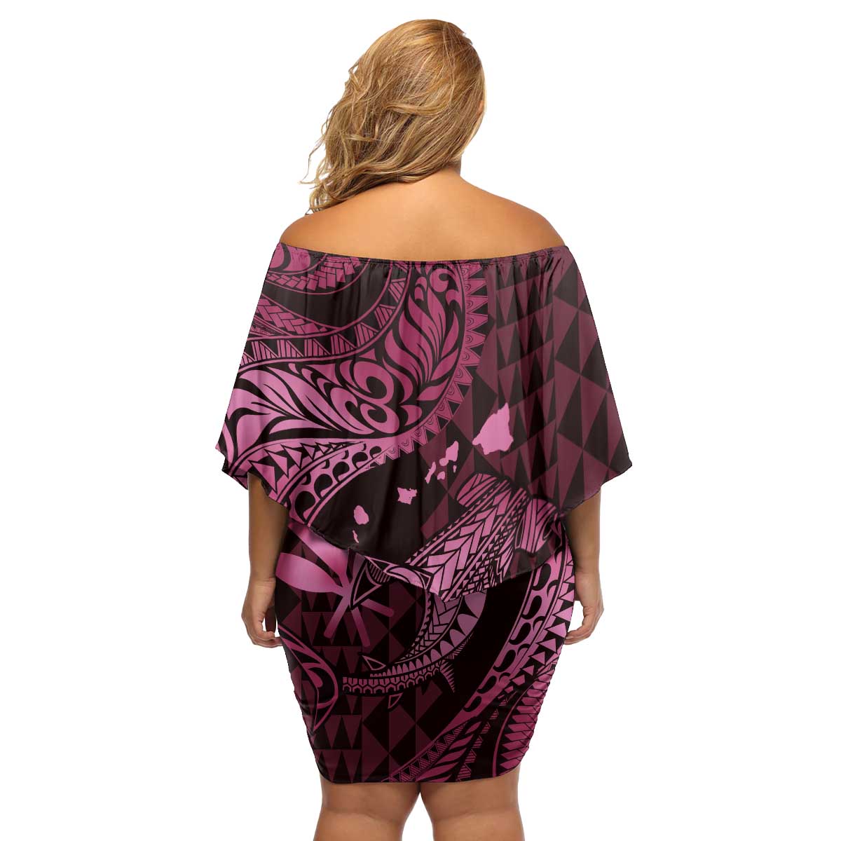 Aloha Hawaii Hammerhead Shark Family Matching Off Shoulder Short Dress and Hawaiian Shirt Pink Kakau and Polynesian Tattoo LT03 - Polynesian Pride