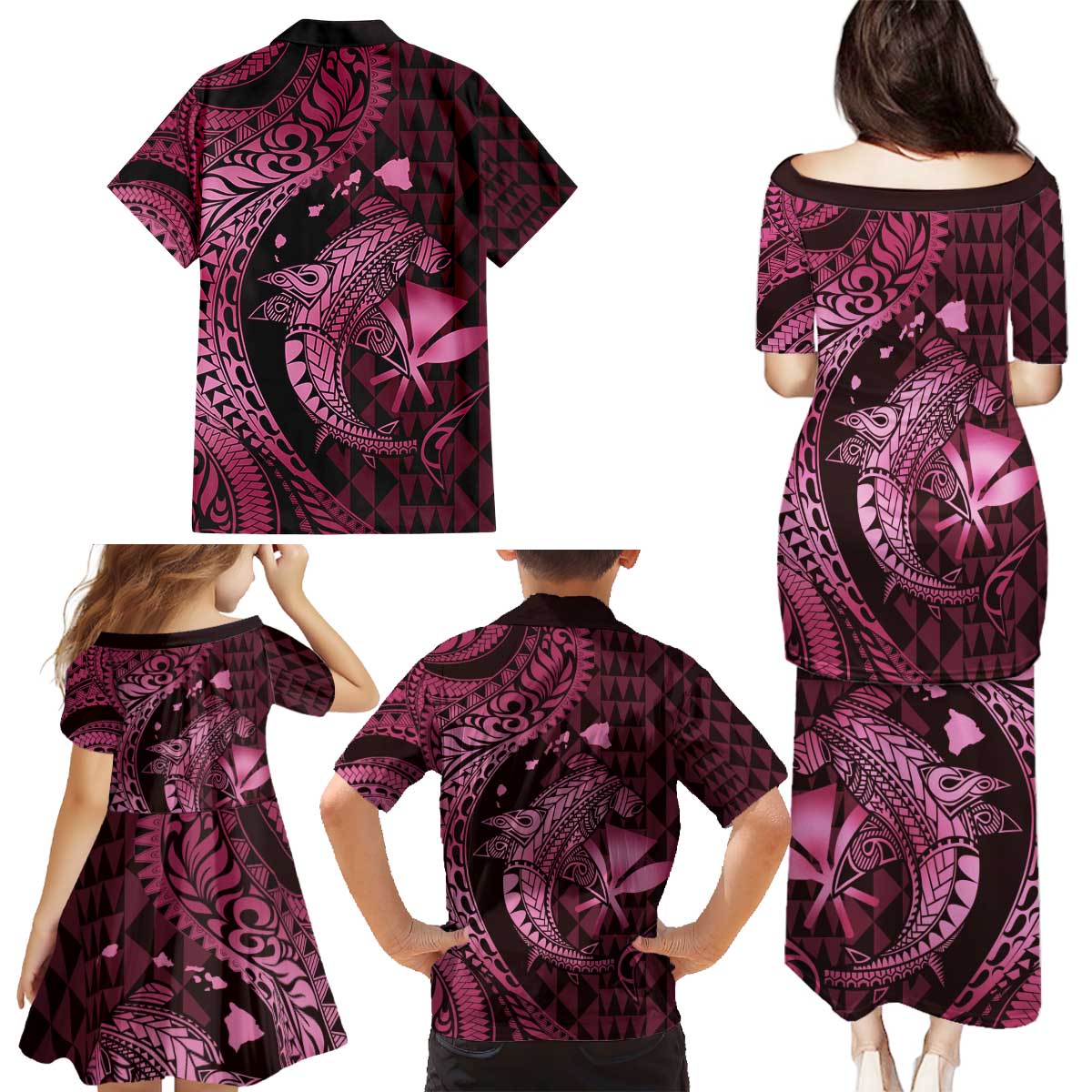 Aloha Hawaii Hammerhead Shark Family Matching Puletasi and Hawaiian Shirt Pink Kakau and Polynesian Tattoo LT03 - Polynesian Pride