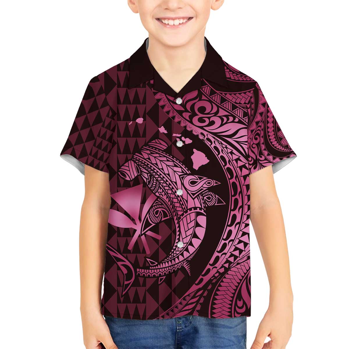 Aloha Hawaii Hammerhead Shark Family Matching Puletasi and Hawaiian Shirt Pink Kakau and Polynesian Tattoo LT03 Son's Shirt Pink - Polynesian Pride