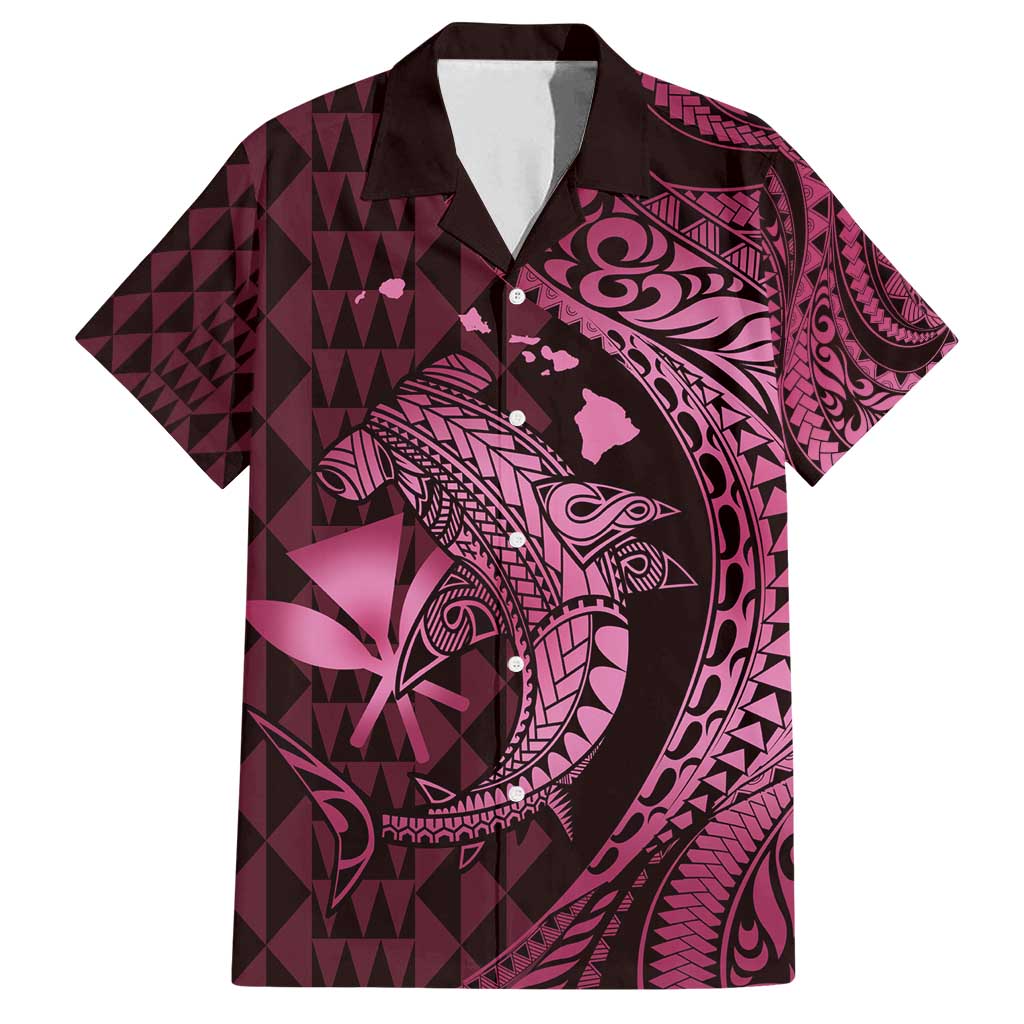 Aloha Hawaii Hammerhead Shark Family Matching Tank Maxi Dress and Hawaiian Shirt Pink Kakau and Polynesian Tattoo LT03 Dad's Shirt - Short Sleeve Pink - Polynesian Pride