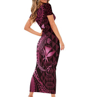 Aloha Hawaii Hammerhead Shark Short Sleeve Bodycon Dress Pink Kakau and Polynesian Tattoo LT03 - Polynesian Pride