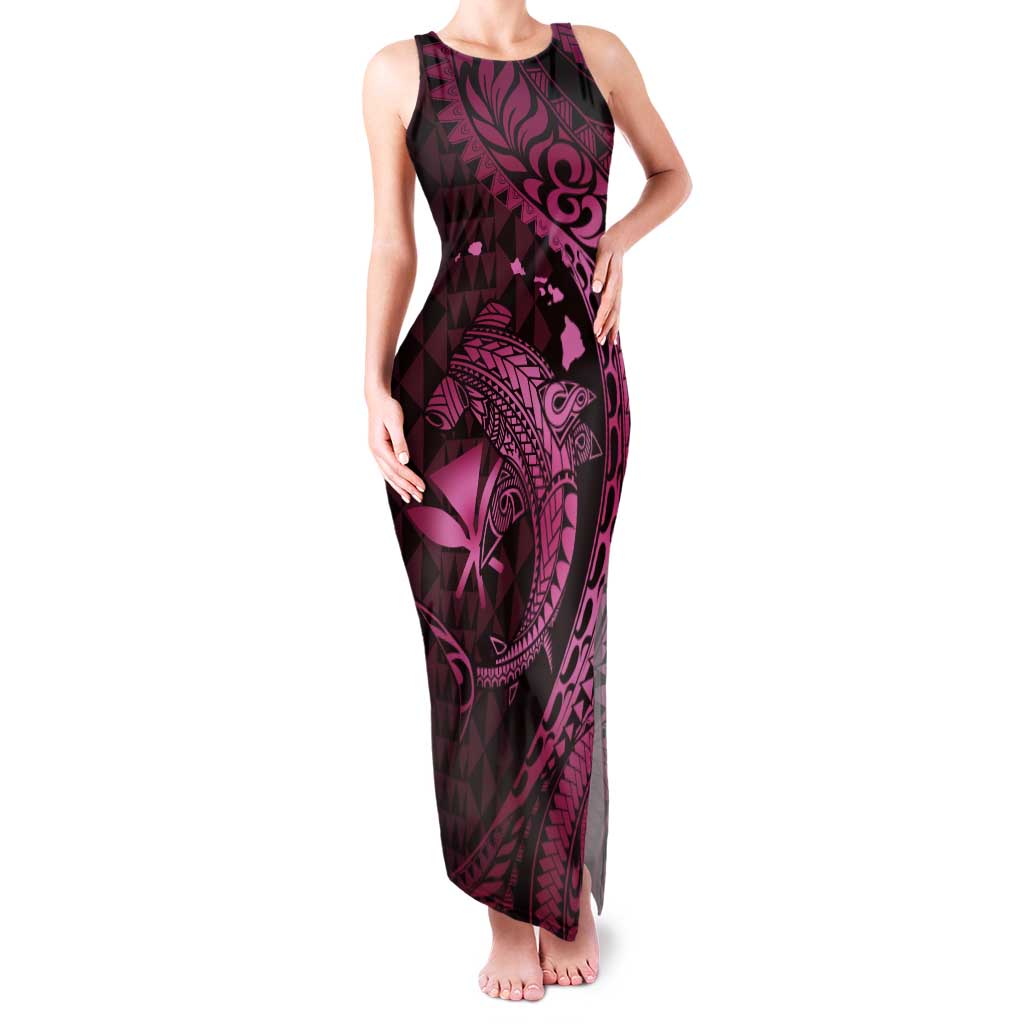 Aloha Hawaii Hammerhead Shark Tank Maxi Dress Pink Kakau and Polynesian Tattoo LT03