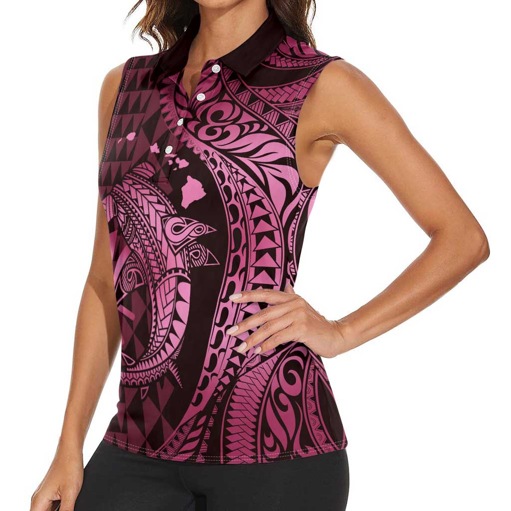 Aloha Hawaii Hammerhead Shark Women Sleeveless Polo Shirt Pink Kakau and Polynesian Tattoo LT03 - Polynesian Pride