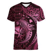 Aloha Hawaii Hammerhead Shark Women V-Neck T-Shirt Pink Kakau and Polynesian Tattoo LT03 Female Pink - Polynesian Pride