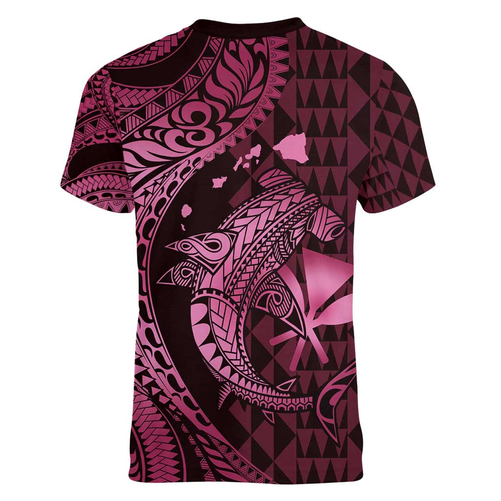 Aloha Hawaii Hammerhead Shark Women V-Neck T-Shirt Pink Kakau and Polynesian Tattoo LT03 - Polynesian Pride