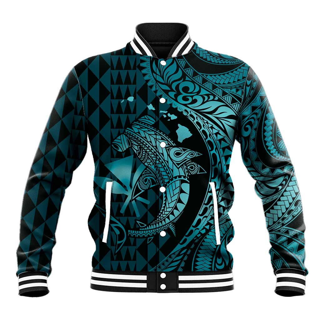Aloha Hawaii Hammerhead Shark Baseball Jacket Turquoise Kakau and Polynesian Tattoo LT03