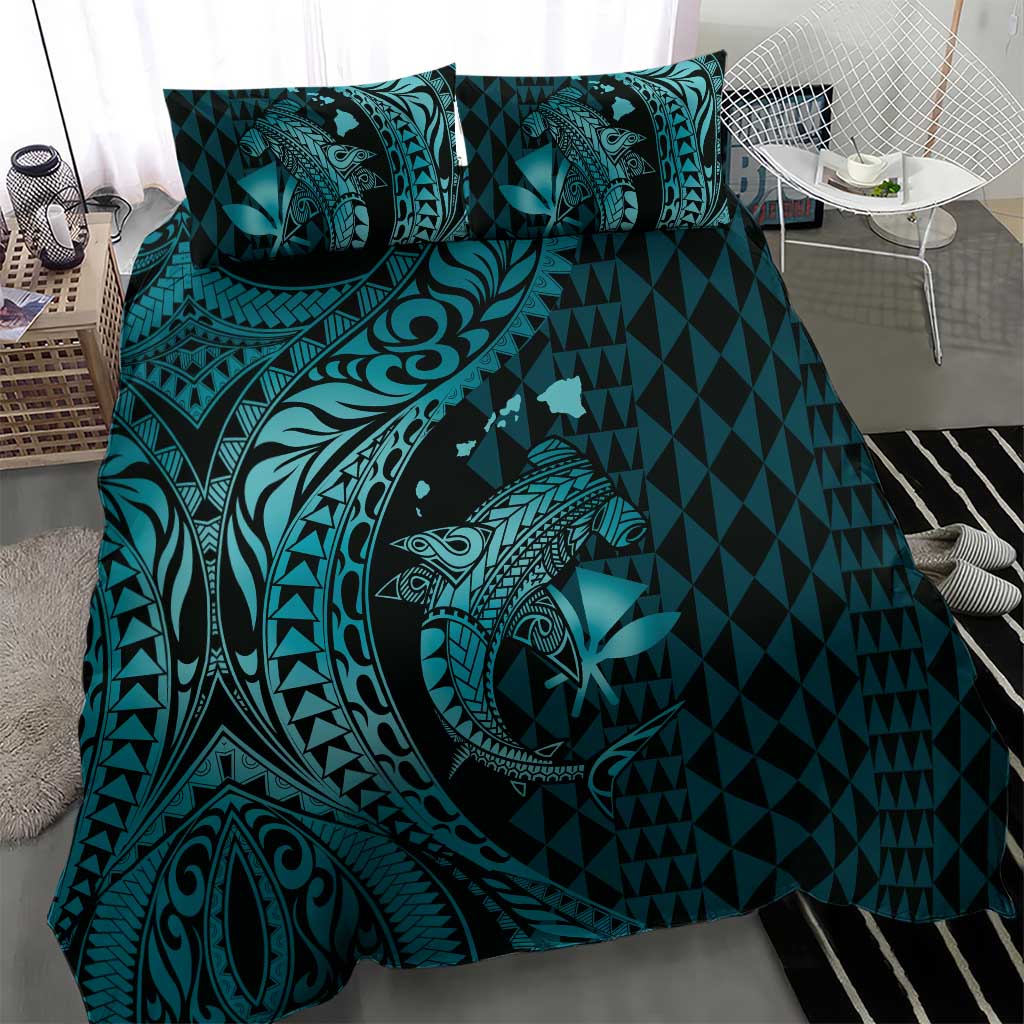 Aloha Hawaii Hammerhead Shark Bedding Set Turquoise Kakau and Polynesian Tattoo LT03