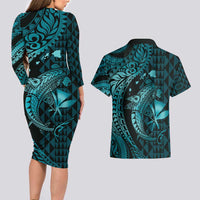 Aloha Hawaii Hammerhead Shark Couples Matching Long Sleeve Bodycon Dress and Hawaiian Shirt Turquoise Kakau and Polynesian Tattoo LT03 - Polynesian Pride