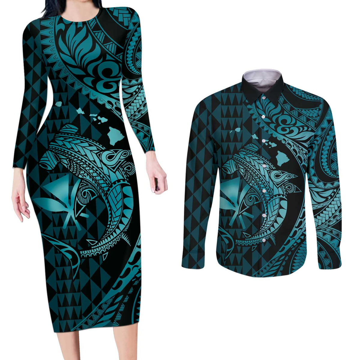 Aloha Hawaii Hammerhead Shark Couples Matching Long Sleeve Bodycon Dress and Long Sleeve Button Shirt Turquoise Kakau and Polynesian Tattoo LT03 Turquoise - Polynesian Pride