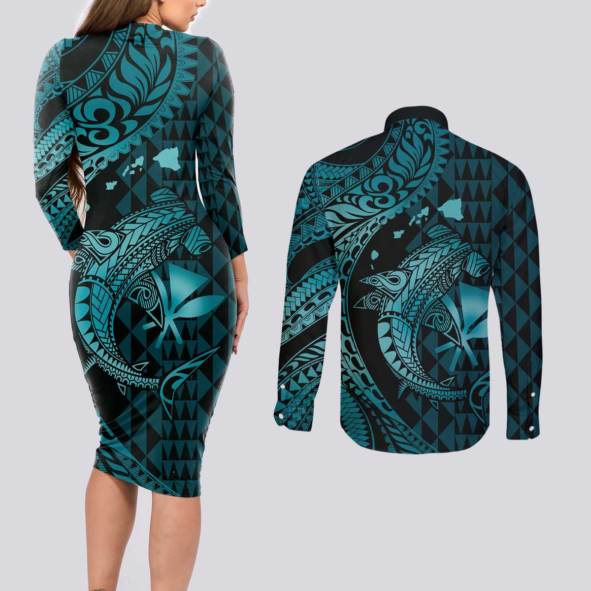 Aloha Hawaii Hammerhead Shark Couples Matching Long Sleeve Bodycon Dress and Long Sleeve Button Shirt Turquoise Kakau and Polynesian Tattoo LT03 - Polynesian Pride