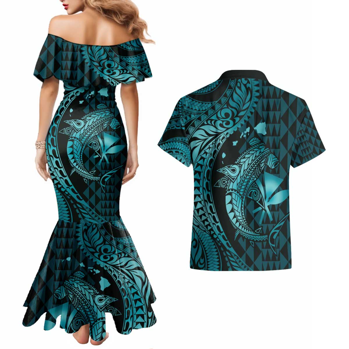 Aloha Hawaii Hammerhead Shark Couples Matching Mermaid Dress and Hawaiian Shirt Turquoise Kakau and Polynesian Tattoo LT03 - Polynesian Pride
