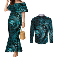 Aloha Hawaii Hammerhead Shark Couples Matching Mermaid Dress and Long Sleeve Button Shirt Turquoise Kakau and Polynesian Tattoo LT03 Turquoise - Polynesian Pride