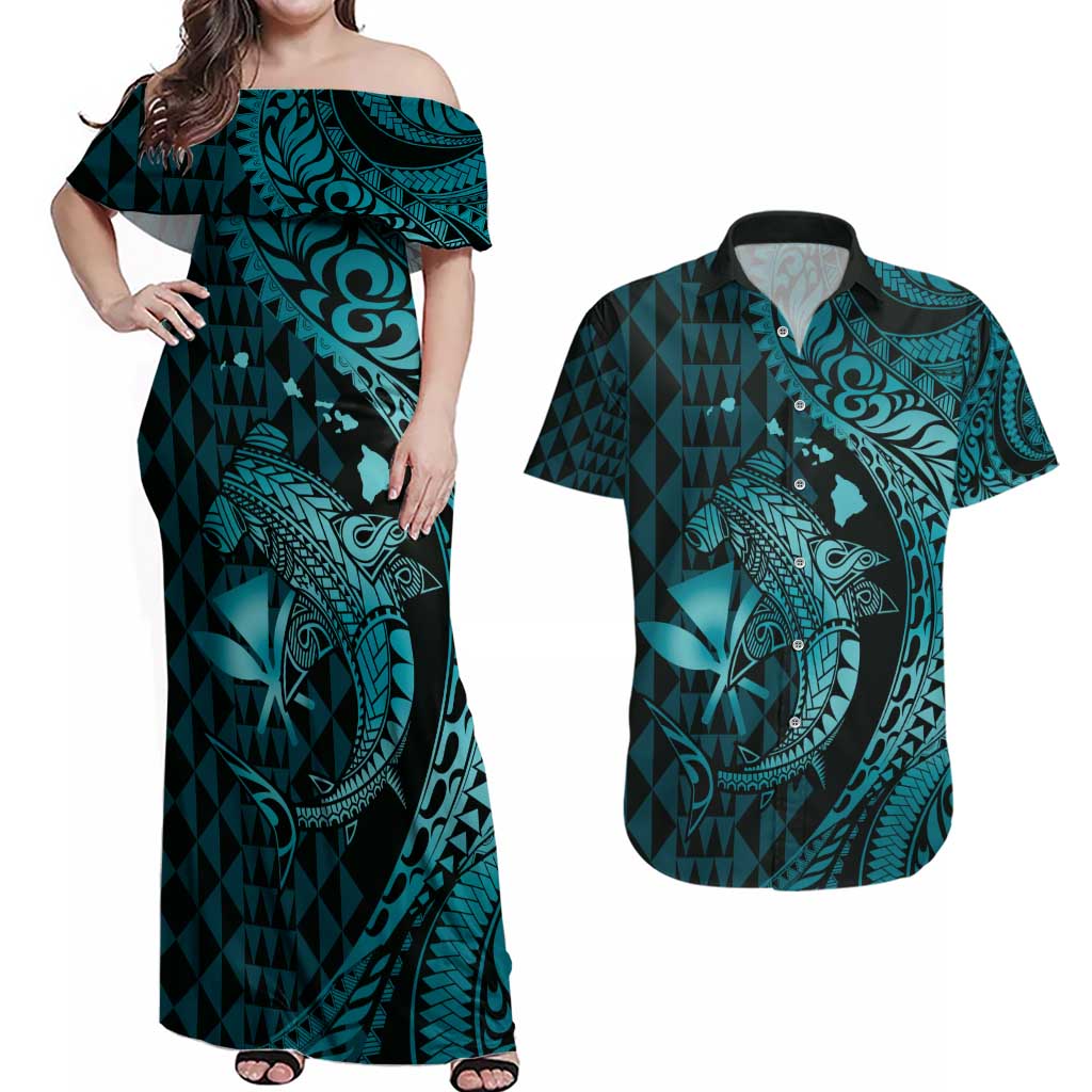 Aloha Hawaii Hammerhead Shark Couples Matching Off Shoulder Maxi Dress and Hawaiian Shirt Turquoise Kakau and Polynesian Tattoo LT03 Turquoise - Polynesian Pride