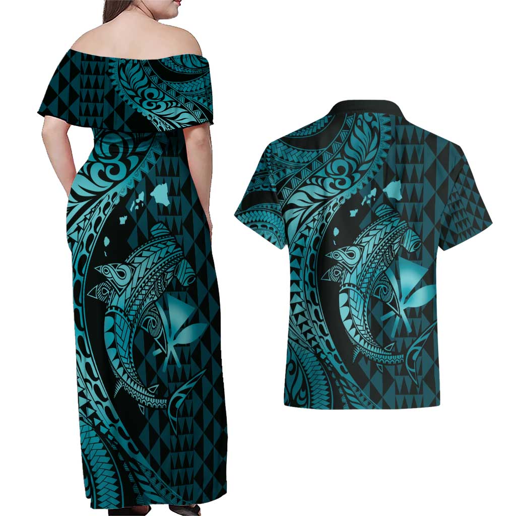 Aloha Hawaii Hammerhead Shark Couples Matching Off Shoulder Maxi Dress and Hawaiian Shirt Turquoise Kakau and Polynesian Tattoo LT03 - Polynesian Pride