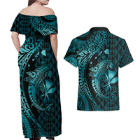 Aloha Hawaii Hammerhead Shark Couples Matching Off Shoulder Maxi Dress and Hawaiian Shirt Turquoise Kakau and Polynesian Tattoo LT03 - Polynesian Pride