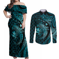 Aloha Hawaii Hammerhead Shark Couples Matching Off Shoulder Maxi Dress and Long Sleeve Button Shirt Turquoise Kakau and Polynesian Tattoo LT03 Turquoise - Polynesian Pride