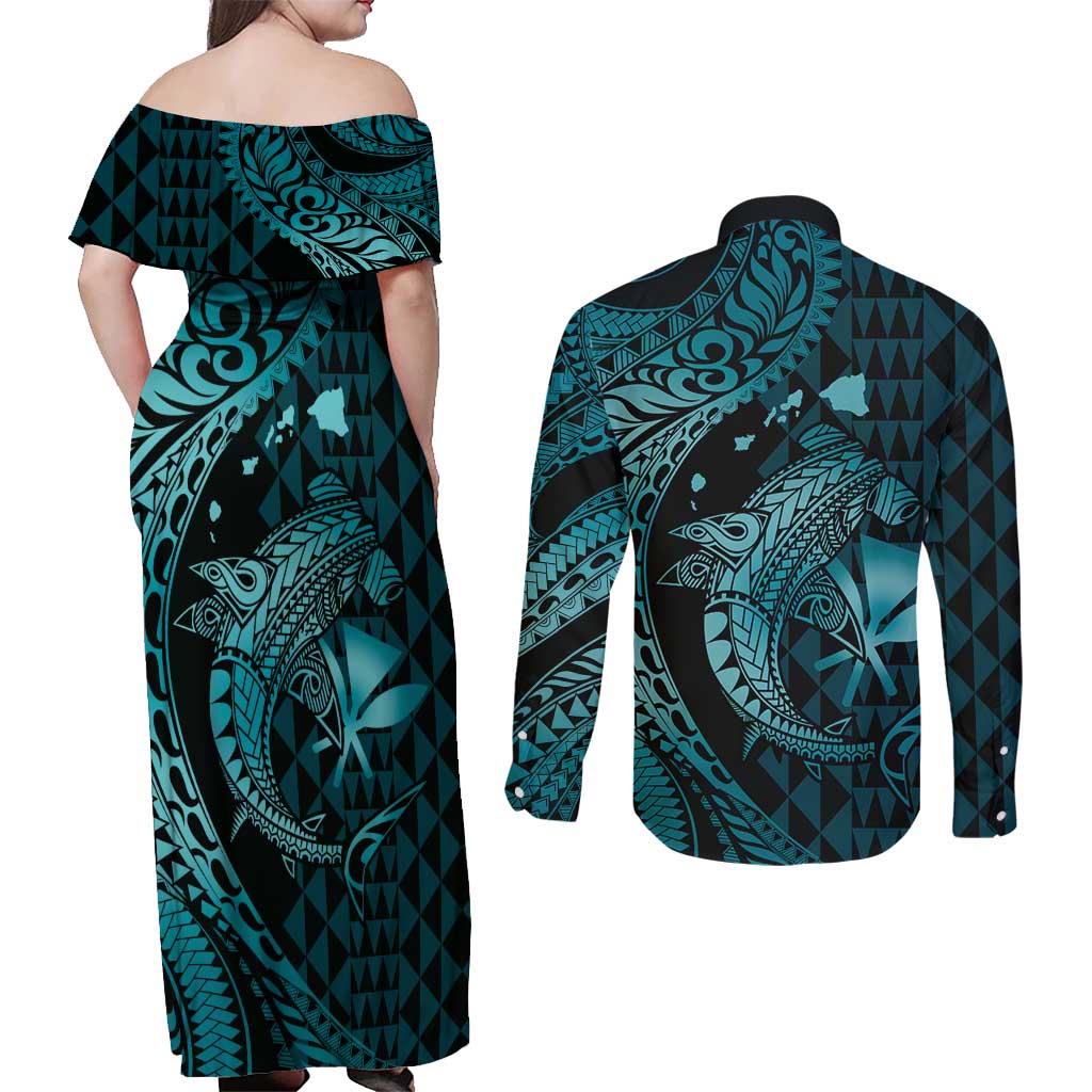 Aloha Hawaii Hammerhead Shark Couples Matching Off Shoulder Maxi Dress and Long Sleeve Button Shirt Turquoise Kakau and Polynesian Tattoo LT03 - Polynesian Pride