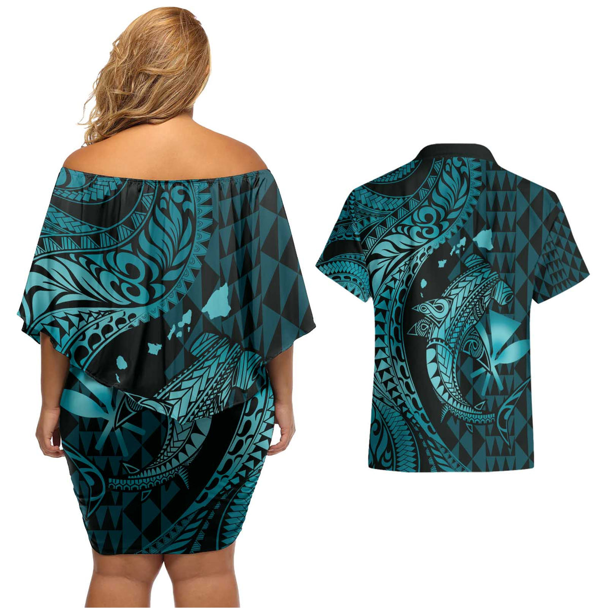Aloha Hawaii Hammerhead Shark Couples Matching Off Shoulder Short Dress and Hawaiian Shirt Turquoise Kakau and Polynesian Tattoo LT03 - Polynesian Pride