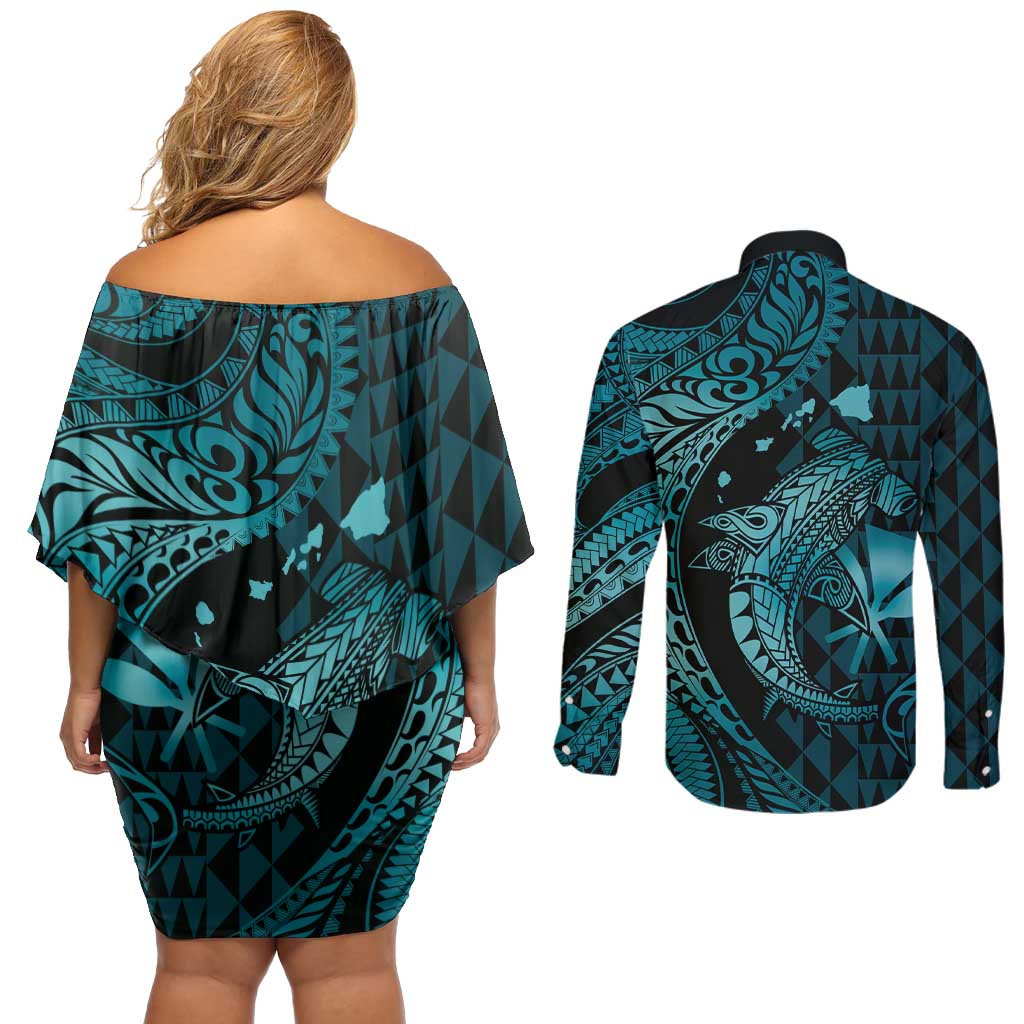 Aloha Hawaii Hammerhead Shark Couples Matching Off Shoulder Short Dress and Long Sleeve Button Shirt Turquoise Kakau and Polynesian Tattoo LT03 - Polynesian Pride