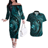 Aloha Hawaii Hammerhead Shark Couples Matching Off The Shoulder Long Sleeve Dress and Hawaiian Shirt Turquoise Kakau and Polynesian Tattoo LT03 Turquoise - Polynesian Pride