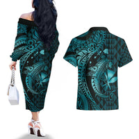 Aloha Hawaii Hammerhead Shark Couples Matching Off The Shoulder Long Sleeve Dress and Hawaiian Shirt Turquoise Kakau and Polynesian Tattoo LT03 - Polynesian Pride