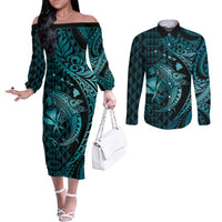 Aloha Hawaii Hammerhead Shark Couples Matching Off The Shoulder Long Sleeve Dress and Long Sleeve Button Shirt Turquoise Kakau and Polynesian Tattoo LT03 Turquoise - Polynesian Pride