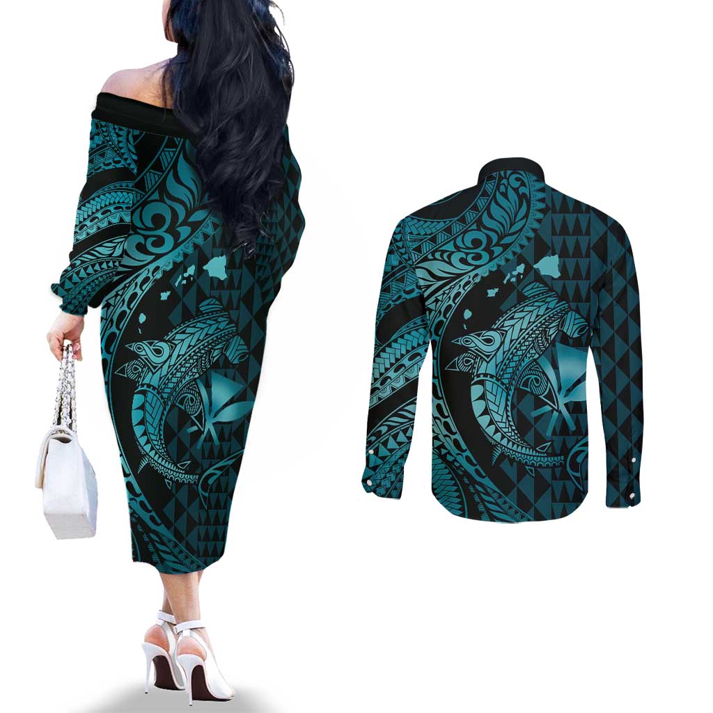 Aloha Hawaii Hammerhead Shark Couples Matching Off The Shoulder Long Sleeve Dress and Long Sleeve Button Shirt Turquoise Kakau and Polynesian Tattoo LT03 - Polynesian Pride