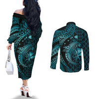 Aloha Hawaii Hammerhead Shark Couples Matching Off The Shoulder Long Sleeve Dress and Long Sleeve Button Shirt Turquoise Kakau and Polynesian Tattoo LT03 - Polynesian Pride