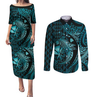 Aloha Hawaii Hammerhead Shark Couples Matching Puletasi and Long Sleeve Button Shirt Turquoise Kakau and Polynesian Tattoo LT03 Turquoise - Polynesian Pride