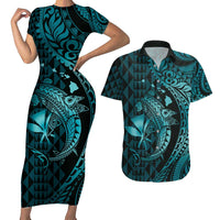 Aloha Hawaii Hammerhead Shark Couples Matching Short Sleeve Bodycon Dress and Hawaiian Shirt Turquoise Kakau and Polynesian Tattoo LT03 Turquoise - Polynesian Pride