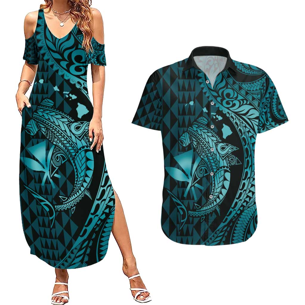 Aloha Hawaii Hammerhead Shark Couples Matching Summer Maxi Dress and Hawaiian Shirt Turquoise Kakau and Polynesian Tattoo LT03 Turquoise - Polynesian Pride