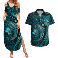 Aloha Hawaii Hammerhead Shark Couples Matching Summer Maxi Dress and Hawaiian Shirt Turquoise Kakau and Polynesian Tattoo LT03 Turquoise - Polynesian Pride