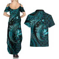 Aloha Hawaii Hammerhead Shark Couples Matching Summer Maxi Dress and Hawaiian Shirt Turquoise Kakau and Polynesian Tattoo LT03 - Polynesian Pride