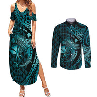 Aloha Hawaii Hammerhead Shark Couples Matching Summer Maxi Dress and Long Sleeve Button Shirt Turquoise Kakau and Polynesian Tattoo LT03 Turquoise - Polynesian Pride
