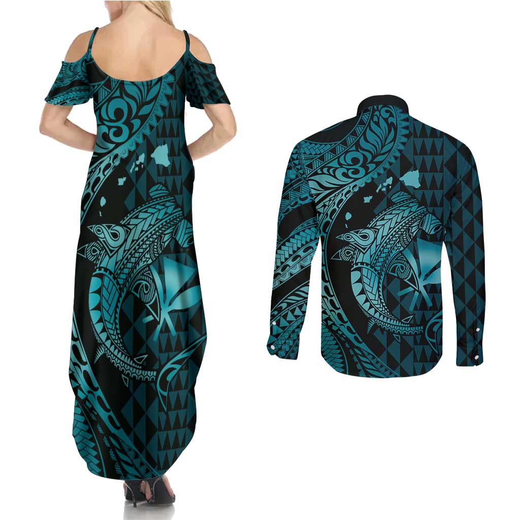 Aloha Hawaii Hammerhead Shark Couples Matching Summer Maxi Dress and Long Sleeve Button Shirt Turquoise Kakau and Polynesian Tattoo LT03 - Polynesian Pride