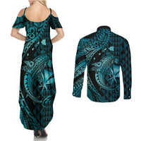 Aloha Hawaii Hammerhead Shark Couples Matching Summer Maxi Dress and Long Sleeve Button Shirt Turquoise Kakau and Polynesian Tattoo LT03 - Polynesian Pride
