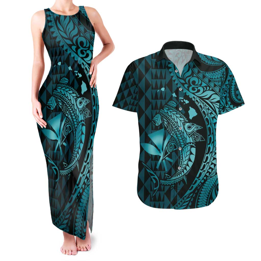 Aloha Hawaii Hammerhead Shark Couples Matching Tank Maxi Dress and Hawaiian Shirt Turquoise Kakau and Polynesian Tattoo LT03 Turquoise - Polynesian Pride